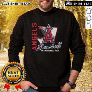 Alt Text: Top Los Angeles Angels side arm baseball sweatshirt, established 1961, featuring team logo and vibrant colors.