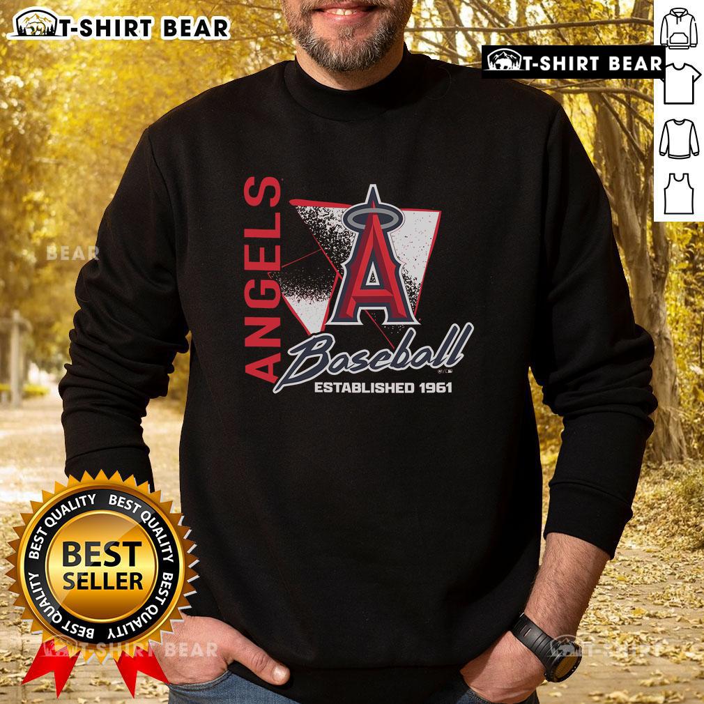 Alt Text: Top Los Angeles Angels side arm baseball sweatshirt, established 1961, featuring team logo and vibrant colors.