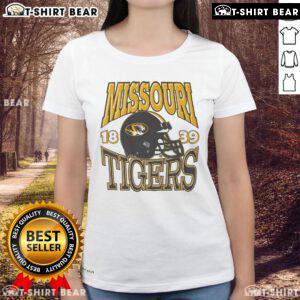 Alt Text: Top Missouri Tigers Classic Team Helmet Ladies Tee featuring vibrant team colors and stylish design for fans.