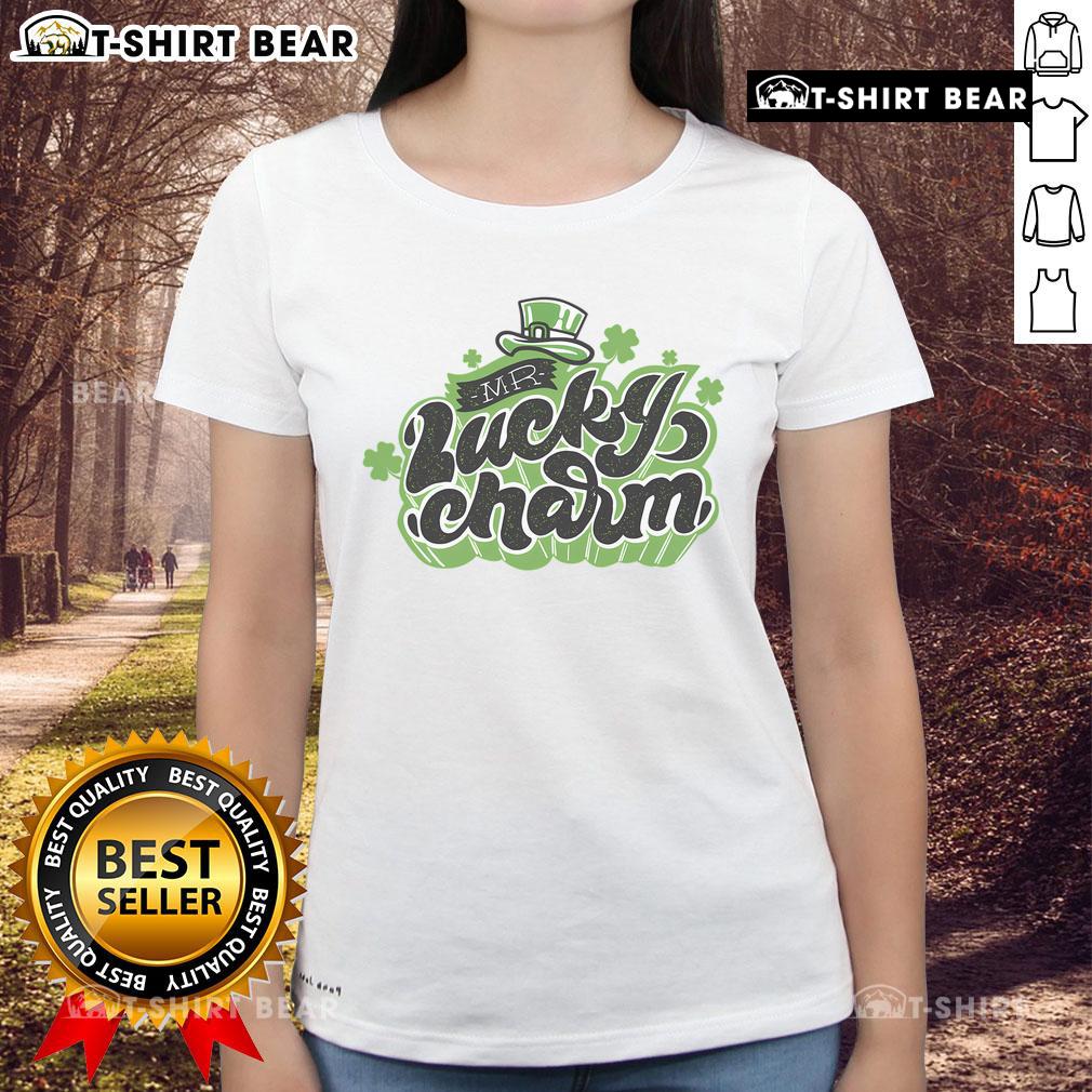 Top Mr. Lucky Charm St. Patrick's Day ladies tee featuring vibrant green colors and festive shamrock design.