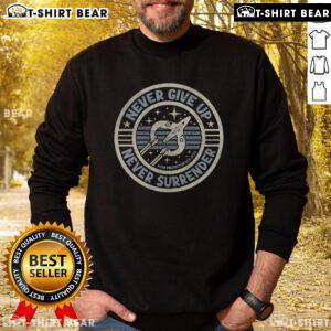Top Never Give Up Never Surrender Sweatshirt in vibrant colors, perfect for motivation and casual wear.