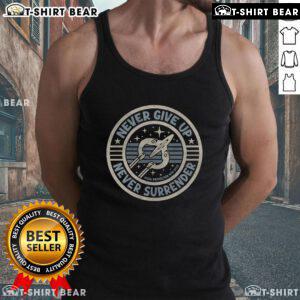 Stylish 'Never Give Up Never Surrender' tank top, perfect for motivation and fitness activities.