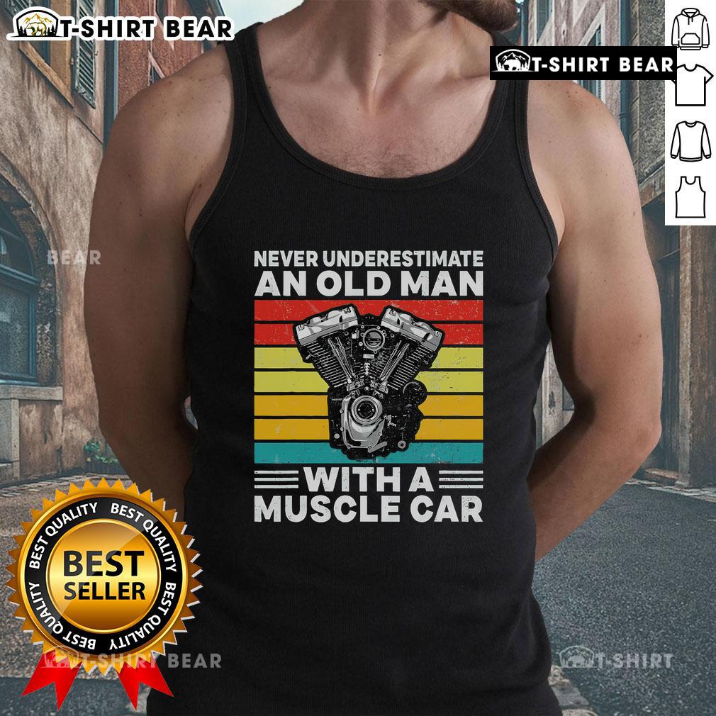 Old man wearing a muscle car tank top, showcasing confidence and style, embodying the phrase 'Never underestimate an old man.'