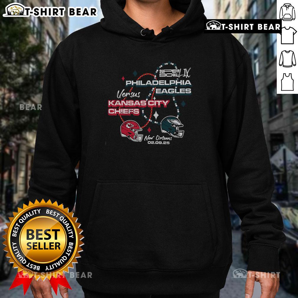 Alt Text: Black hoodie featuring Philadelphia Eagles 2024 Super Bowl Participant matchup beads design for fans.