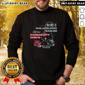 Top Philadelphia Eagles black sweatshirt featuring 2024 Super Bowl Participant matchup beads design.