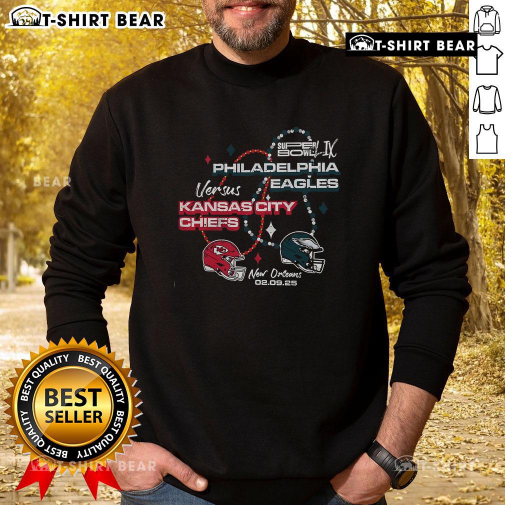 Top Philadelphia Eagles black sweatshirt featuring 2024 Super Bowl Participant matchup beads design.