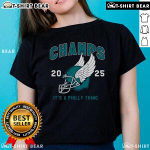 Ladies' tee featuring 'Top Philly Champs 2025' design with a helmet, celebrating Philly pride and sports culture.
