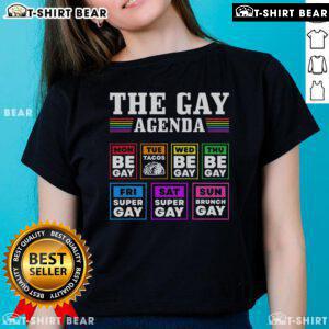 Top Pride Month The Gay Agenda LGBTQ ladies tee featuring vibrant colors and bold graphics celebrating LGBTQ+ pride.