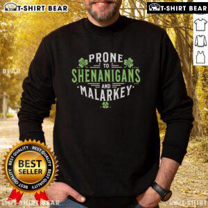 Top Prone to Shenanigans Malarkey Fun Clovers St. Patrick's Day sweatshirt design featuring festive green clovers.