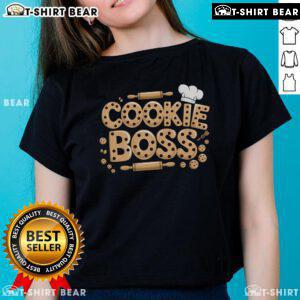 Top Scout Cookie Boss tee featuring a messy bun and sunglasses, perfect for stylish cookie enthusiasts.