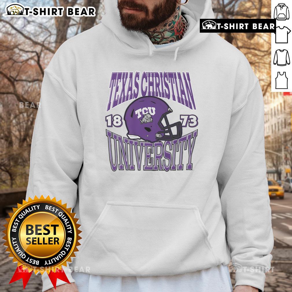 Alt Text: Top TCU Horned Frogs Classic Team Helmet Hoodie in purple and white, perfect for fans and game day apparel.