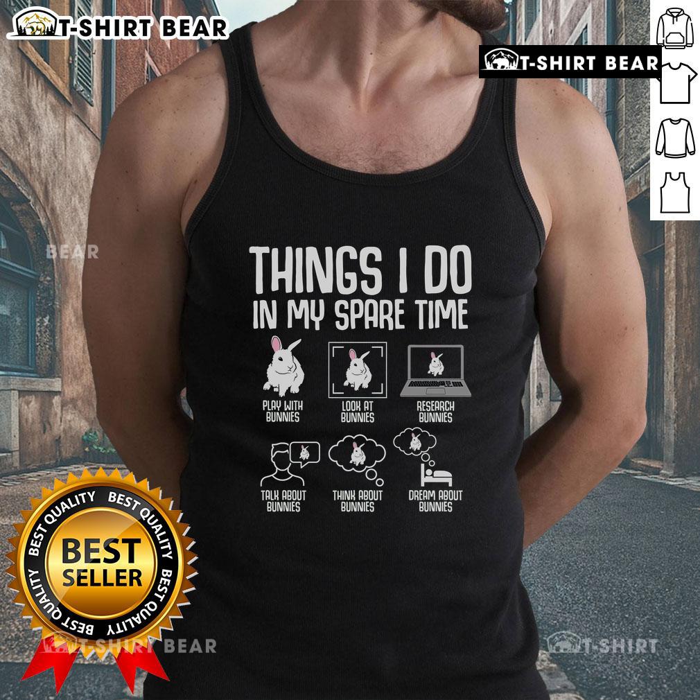 Person wearing a 'Top Things I Do In My Spare Time' bunny rabbit tank top, showcasing playful casual style.