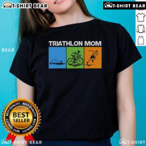 Top Triathlon Mom art on a ladies tee, celebrating female triathletes and their dedication to the sport.