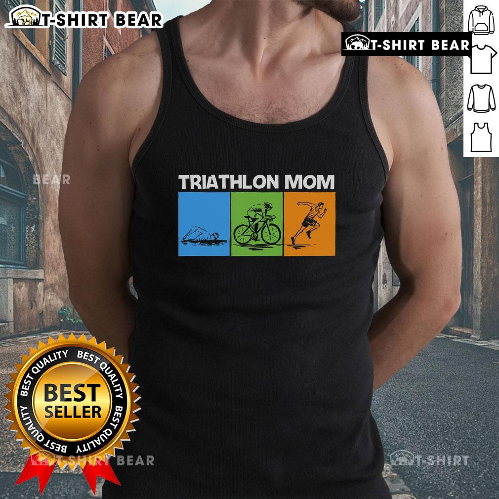 Top Triathlon Mom Art on a sporty tank top, celebrating athleticism and motherhood for triathletes.