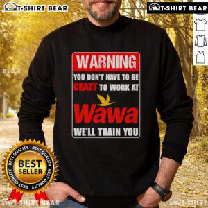 Top warning sweatshirt: 'You Don't Have to Be Crazy to Work at Wawa, We'll Train You' design in vibrant colors.