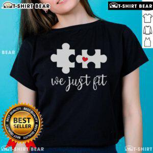 Top We Just Fit Heart Puzzle Cute Matching Valentine's Day Ladies Tee in soft cotton, perfect for couples and gifts.