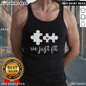 Cute matching Valentine's Day tank top featuring a heart puzzle design labeled Top We Just Fit. Perfect for couples!
