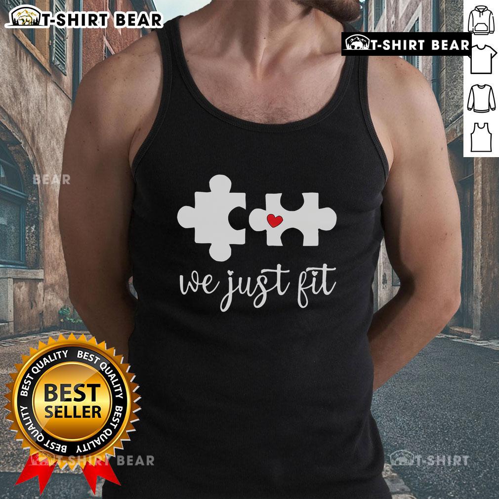 Cute matching Valentine's Day tank top featuring a heart puzzle design labeled Top We Just Fit. Perfect for couples!
