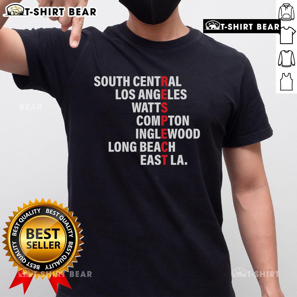 Top West Side Respect Los Angeles Watts Compton Long Beach T-Shirt featuring bold graphics and vibrant colors.