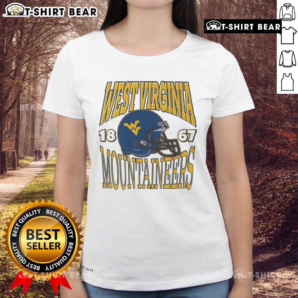 Alt Text: Classic West Virginia Mountaineers ladies tee featuring the iconic team helmet design for fans and sports enthusiasts.