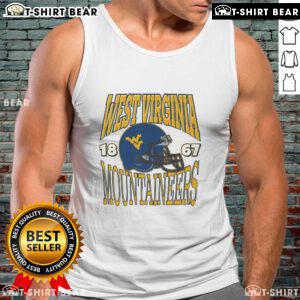 Alt Text: Classic West Virginia Mountaineers tank top featuring iconic team helmet design, perfect for fans and sportswear lovers.