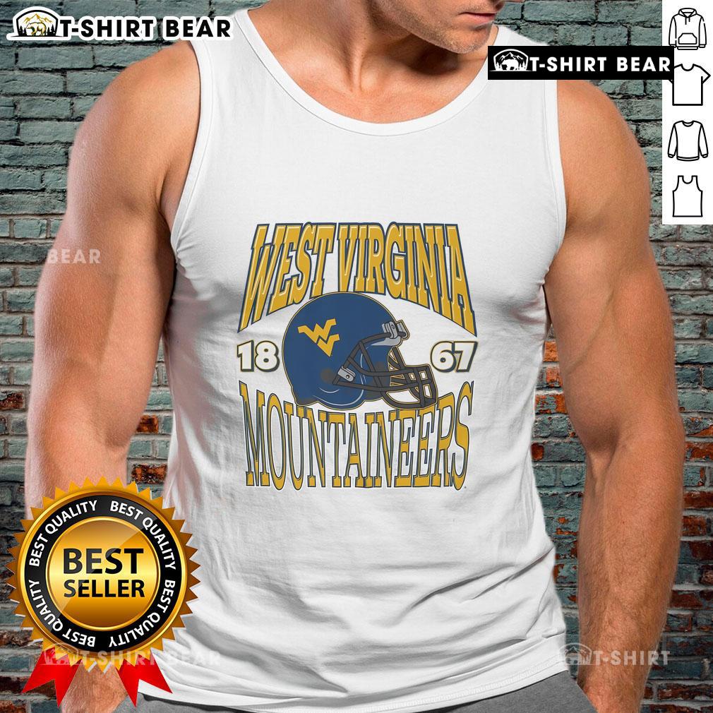 Alt Text: Classic West Virginia Mountaineers tank top featuring iconic team helmet design, perfect for fans and sportswear lovers.