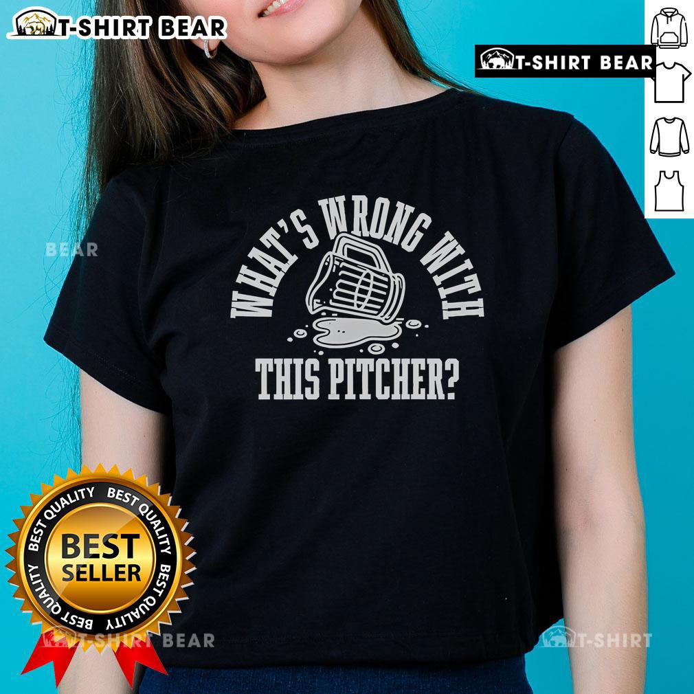 Top 'What's Wrong With This Pitcher' Ladies Tee featuring a fun graphic design, perfect for casual wear and baseball fans.