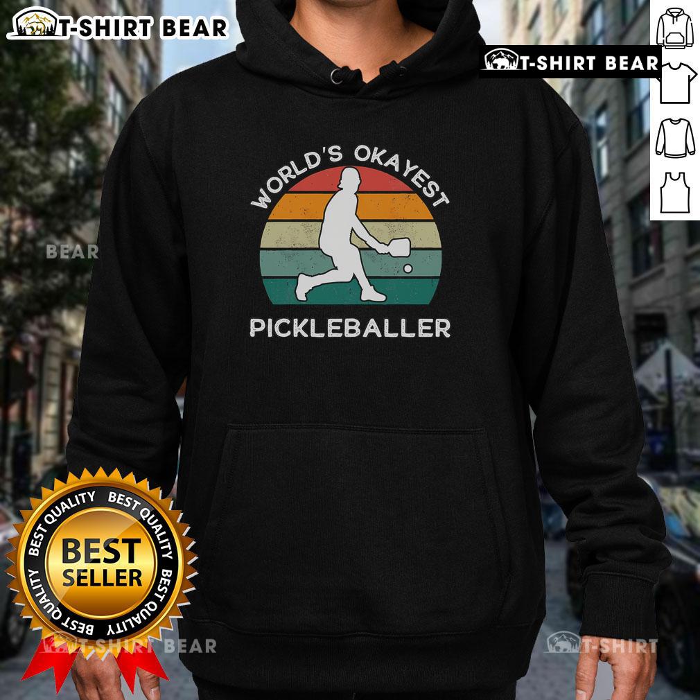 Funny retro hoodie for pickleball players featuring 'Top World's Okayest Pickleballer' design for casual wear.