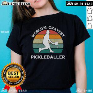 Funny retro pickleball player tee for ladies featuring 'Top World's Okayest Pickleballer' design.