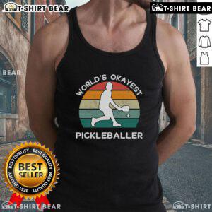 Funny retro pickleball player tank top design featuring 'Top World's Okayest Pickleballer' slogan in vibrant colors.