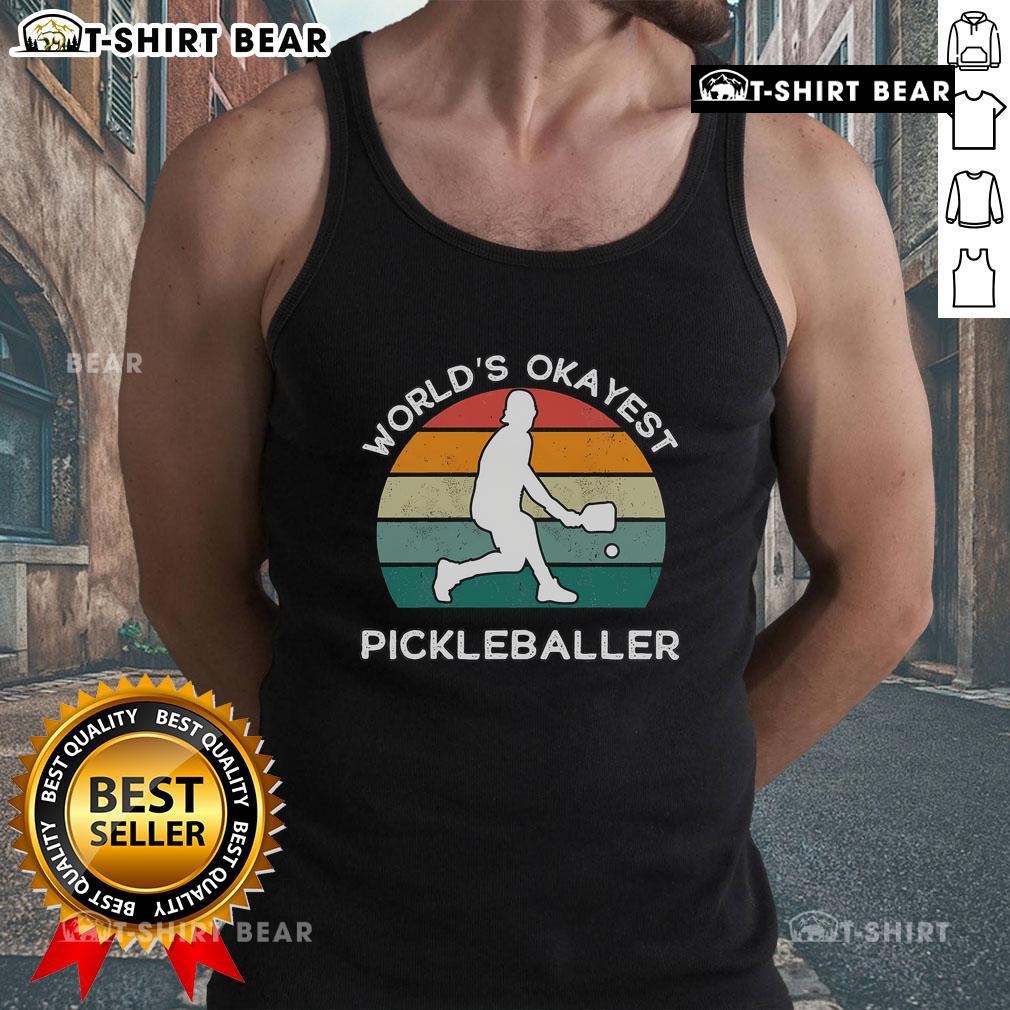 Funny retro pickleball player tank top design featuring 'Top World's Okayest Pickleballer' slogan in vibrant colors.