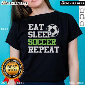 Awesome Eat Sleep Soccer Repeat Ladies Tee featuring a soccer player graphic for passionate female soccer fans.
