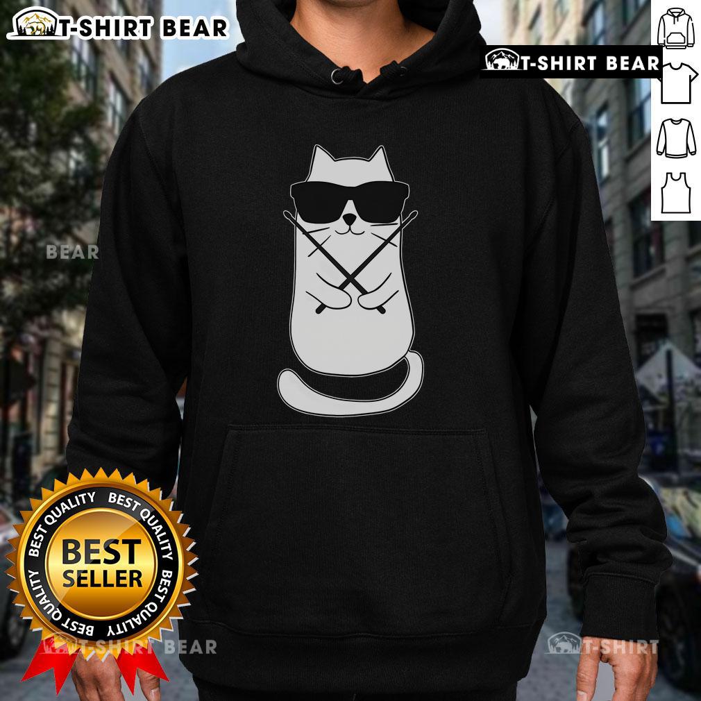 Alt Text: Adorable cat drumming in a hoodie, showcasing the 'Cute Drummer Drum Lover' style for music and cat enthusiasts.