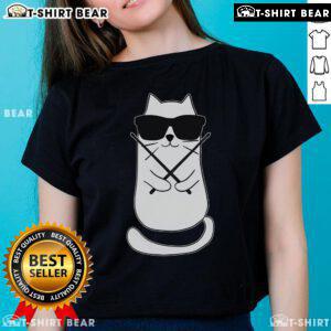 Alt Text: Adorable cat drummer wearing a drum-themed tee, showcasing its love for drumming and music. Perfect for drum lovers!