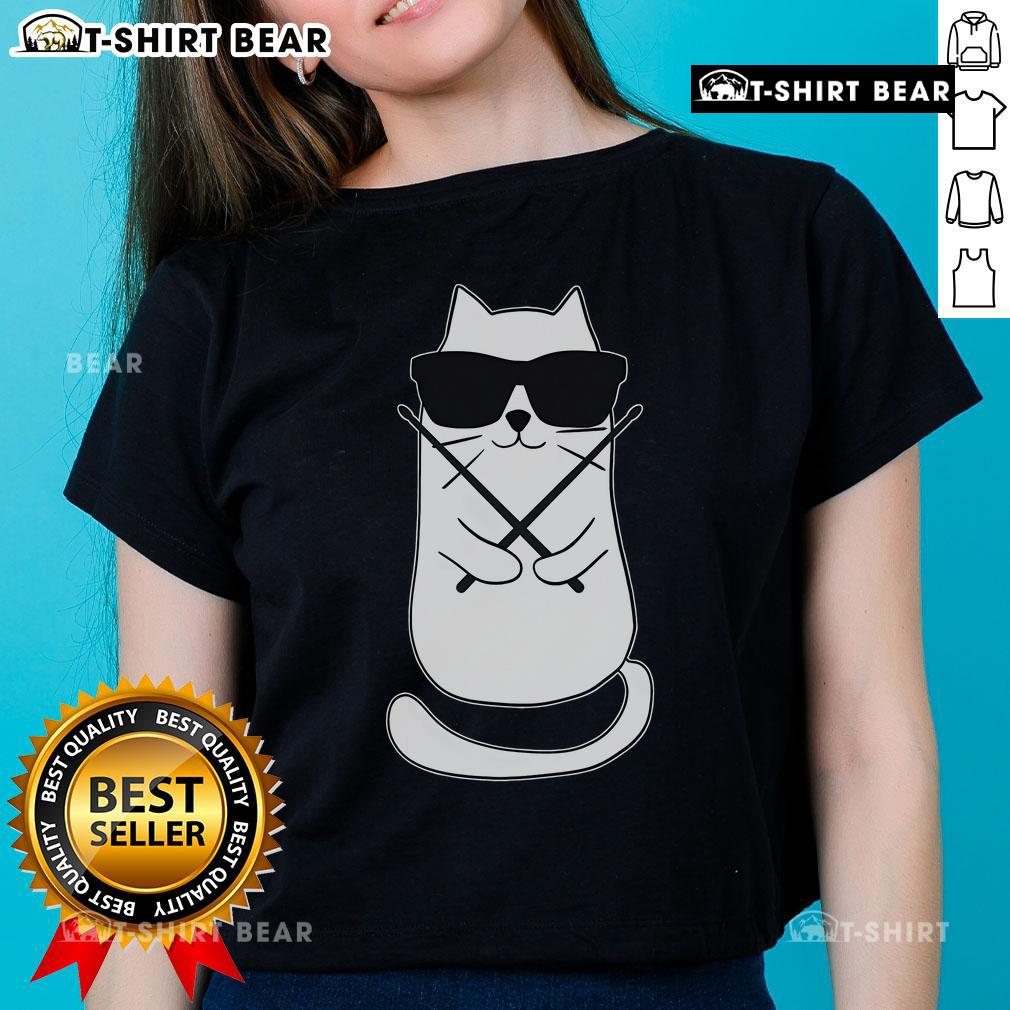 Alt Text: Adorable cat drummer wearing a drum-themed tee, showcasing its love for drumming and music. Perfect for drum lovers!