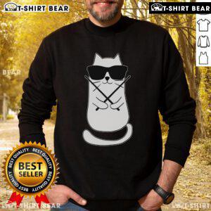 Alt Text: Adorable cat drummer wearing a Cute Drummer sweatshirt, showcasing its love for music and drumming.