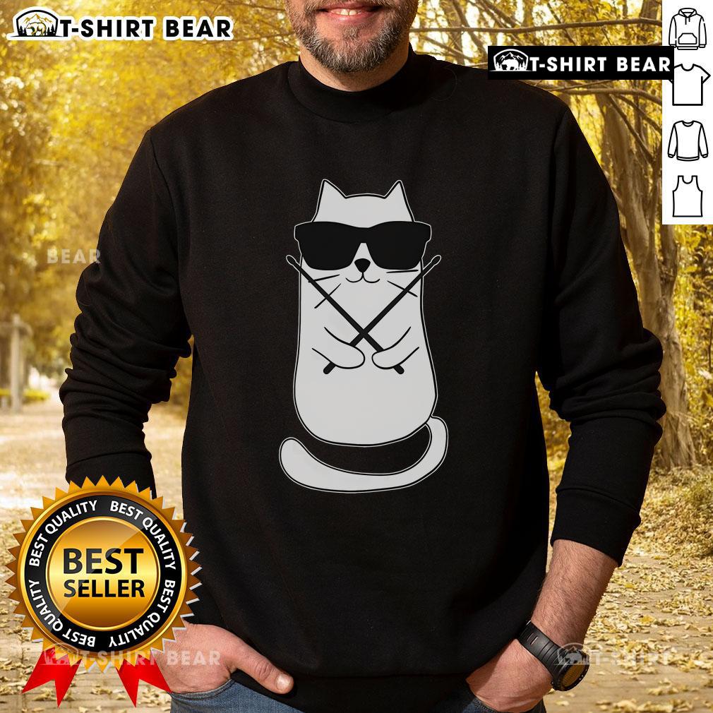Alt Text: Adorable cat drummer wearing a Cute Drummer sweatshirt, showcasing its love for music and drumming.