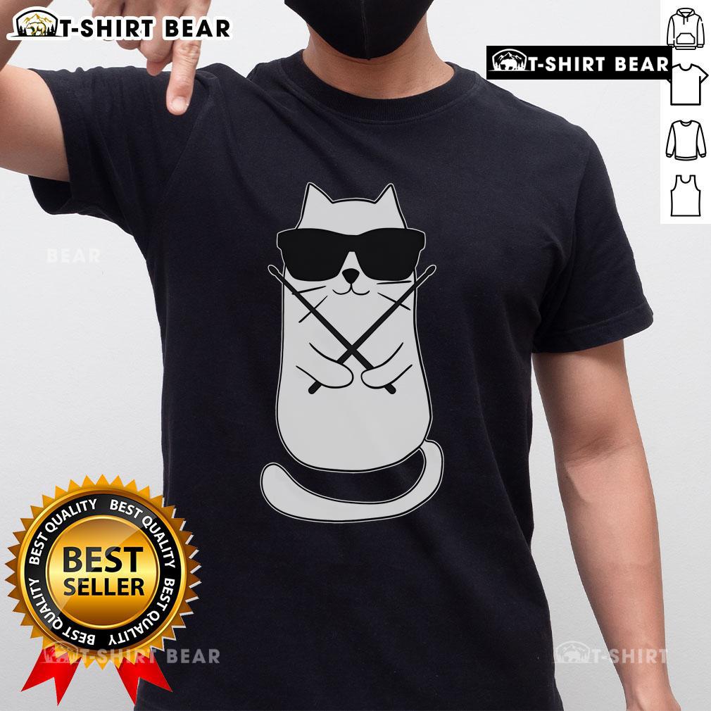 Alt Text: Cute cat playing drums on a t-shirt, perfect for drum lovers and drum players who adore feline friends.
