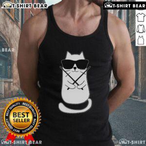 Alt Text: Cute drummer cat wearing a drum lover tank top, happily drumming, showcasing its playful personality and love for music.