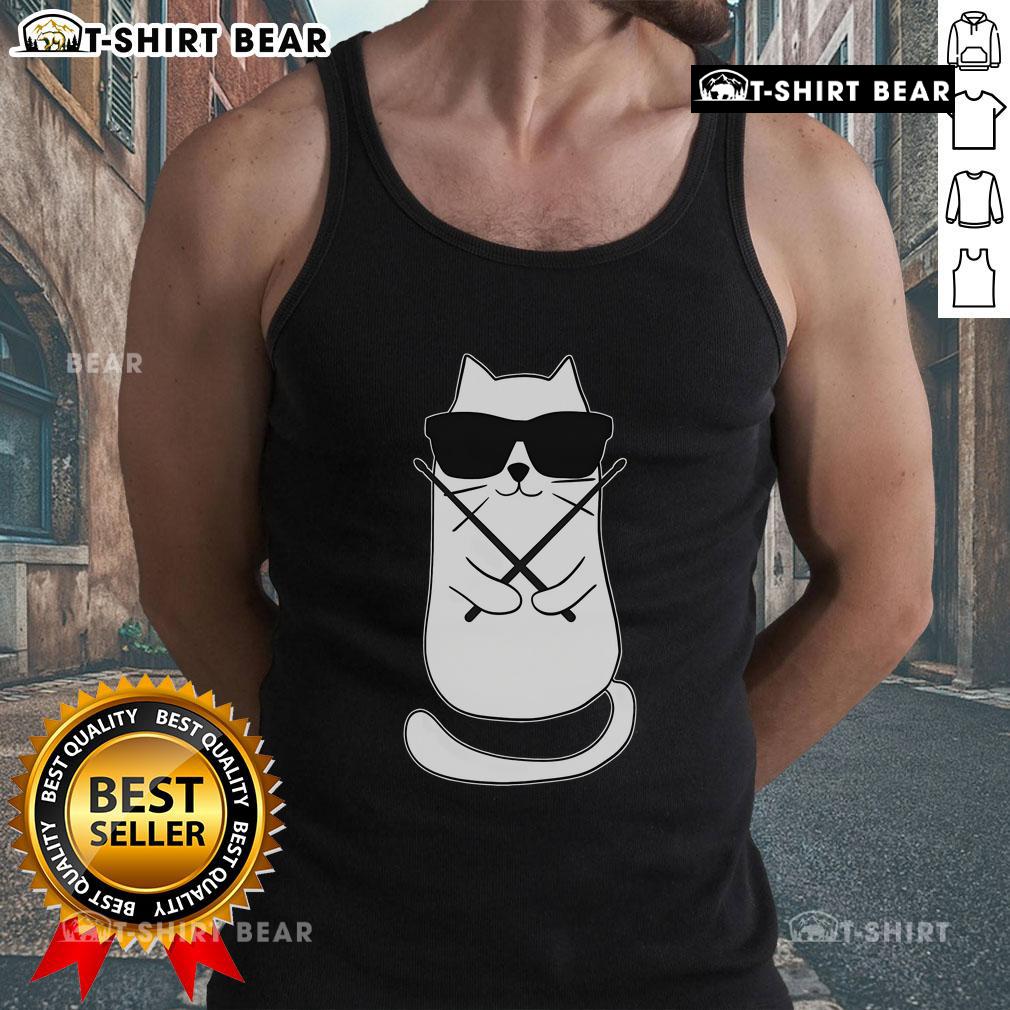 Alt Text: Cute drummer cat wearing a drum lover tank top, happily drumming, showcasing its playful personality and love for music.