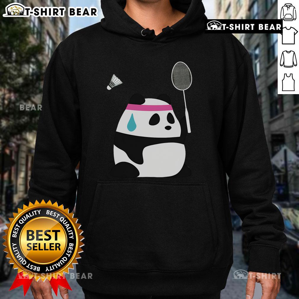 Adorable exhausted panda wearing a hoodie, surrounded by badminton shuttlecocks, perfect for sports lovers.