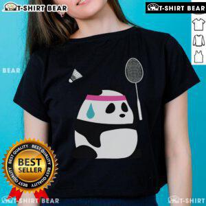 Cute exhausted panda with a shuttlecock on a ladies tee, perfect for badminton lovers and sports enthusiasts.