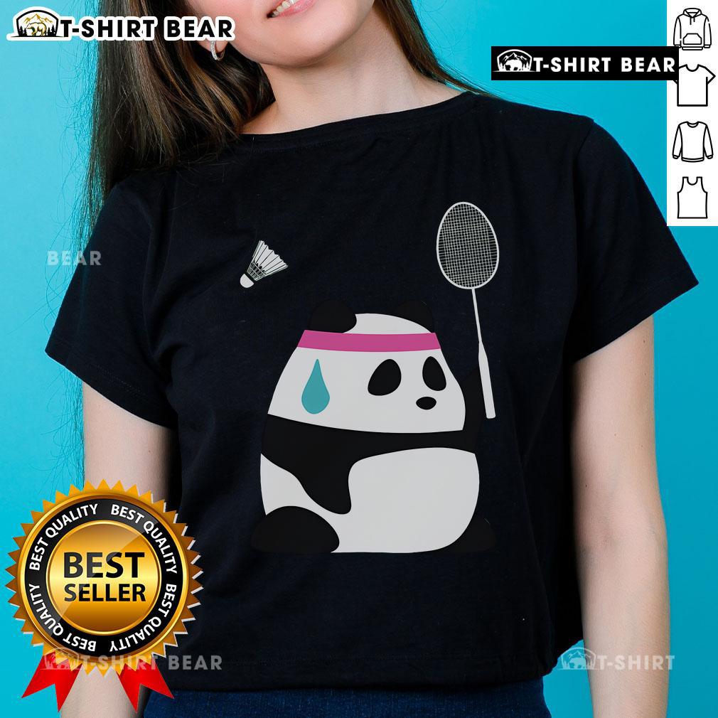 Cute exhausted panda with a shuttlecock on a ladies tee, perfect for badminton lovers and sports enthusiasts.