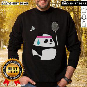 Alt Text: Cute exhausted panda in a badminton sweatshirt, holding a shuttlecock, showcasing a playful sports vibe.