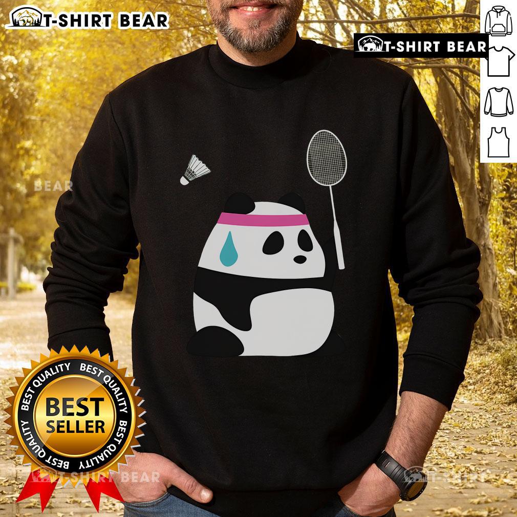 Alt Text: Cute exhausted panda in a badminton sweatshirt, holding a shuttlecock, showcasing a playful sports vibe.