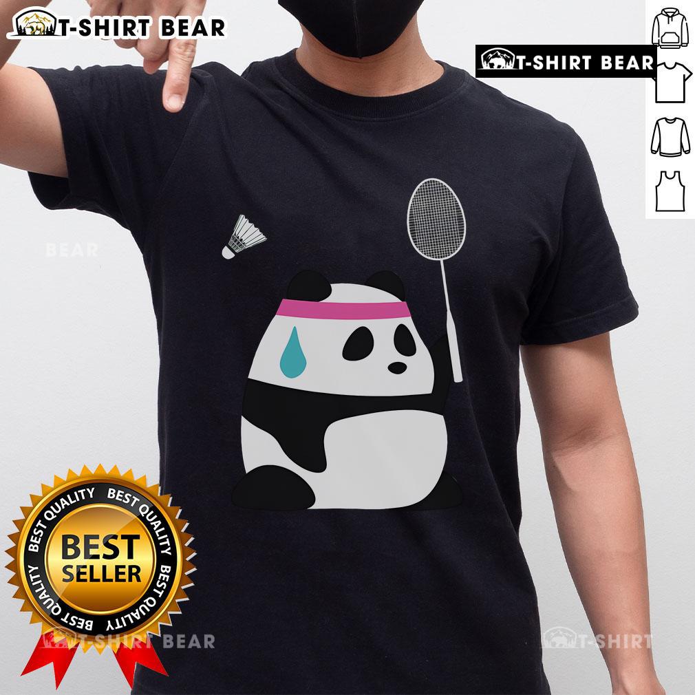 Adorable exhausted panda holding a shuttlecock on a badminton-themed T-shirt, perfect for sports lovers and panda fans.