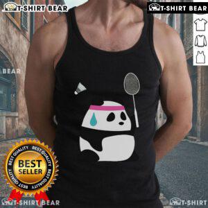 Cute exhausted panda wearing a badminton tank top, lounging beside a shuttlecock, perfect for badminton lovers.