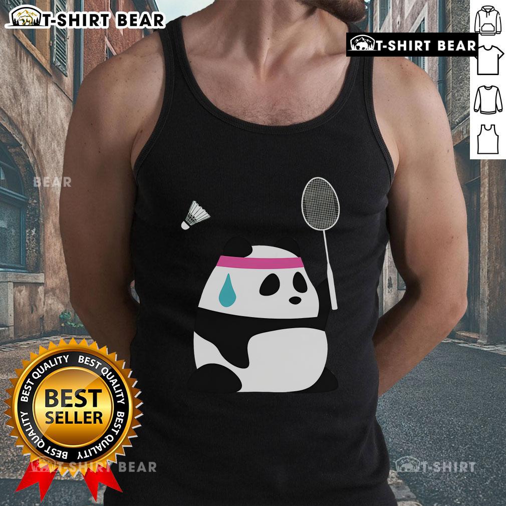 Cute exhausted panda wearing a badminton tank top, lounging beside a shuttlecock, perfect for badminton lovers.