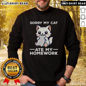Cute kitten sweatshirt with 'Sorry, my cat ate my homework' design, perfect for cat lovers and cozy outfits.