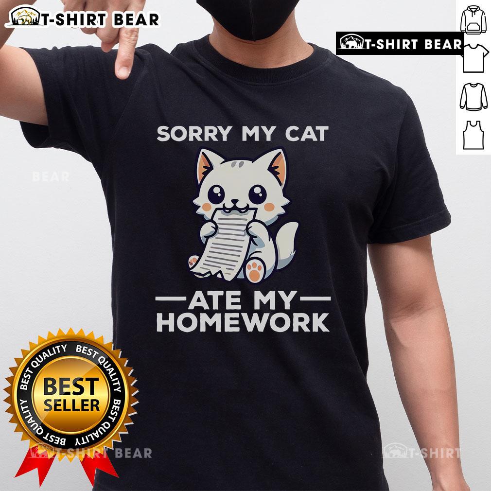 Adorable kitten graphic on a t-shirt with 'Sorry My Cat Ate My Homework' text for cat lovers and students.